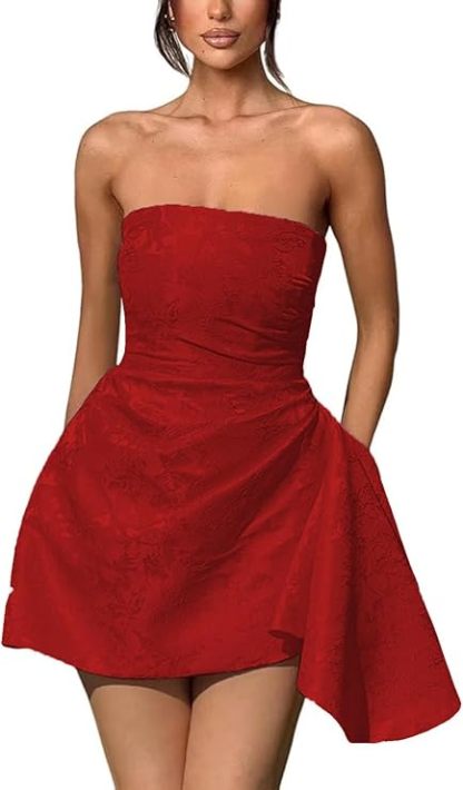 A-line Strapless Jacquard Satin Asymmetrical Lace up Sleeveless Short Homecoming Dress - CoCosBride
