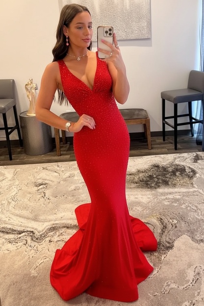 Orange Long Mermaid V neck Sequin Backless Prom Dress