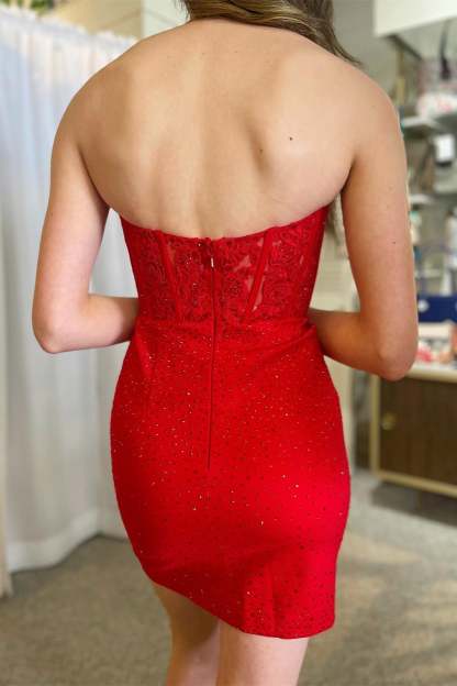 Red Strapless Appliques Beaded Tight Homecoming Dress