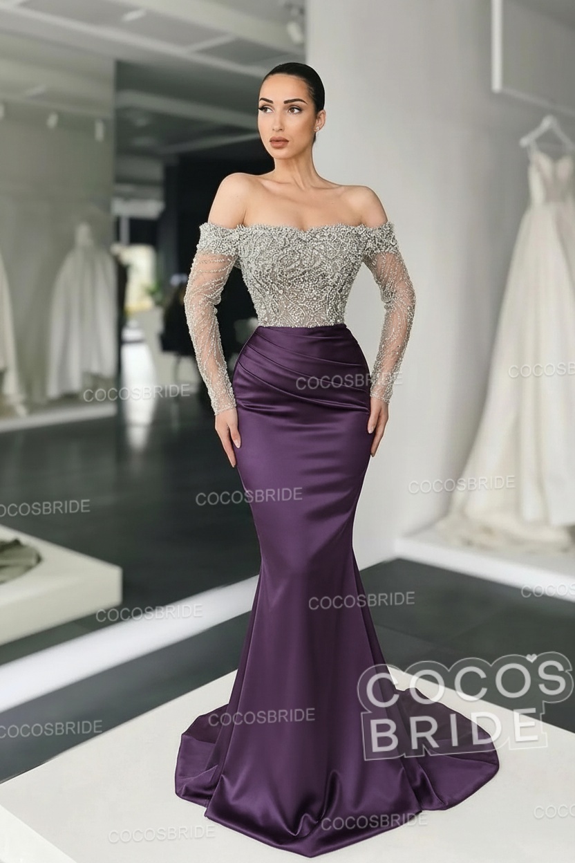 Long Mermaid Off the Shoulder Satin Prom Dress with Sleeves