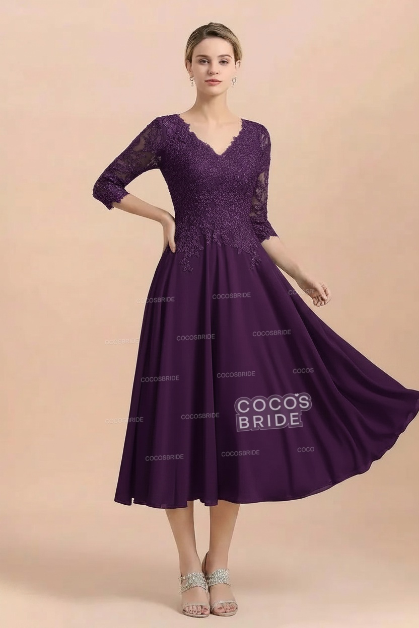 A-Line V-Neck 3/4 Sleeves Chiffon Short Mother Of The Bride Dresses With Lace