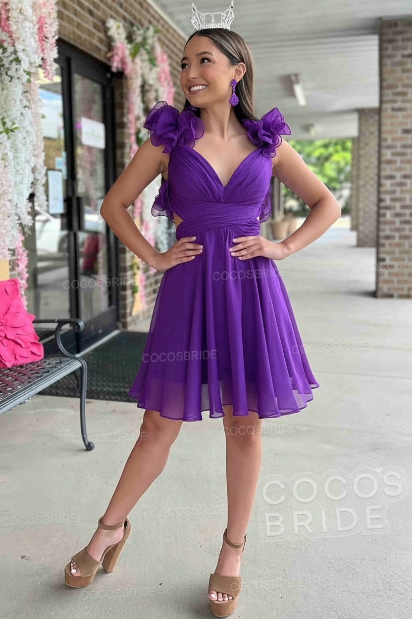 V-Neck Sky Blue Short Chiffon A-Line Party Dress