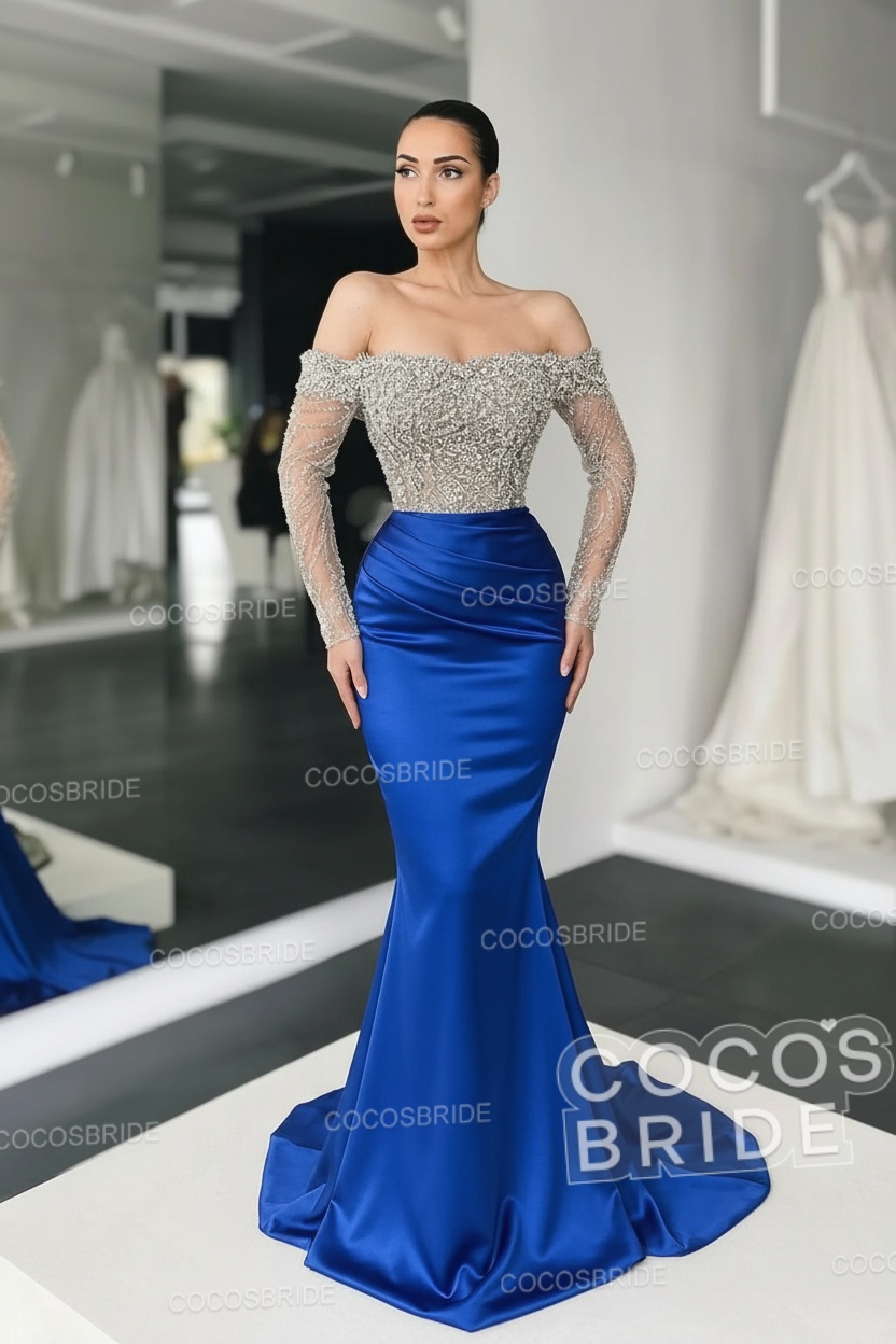 Long Mermaid Off the Shoulder Satin Prom Dress with Sleeves