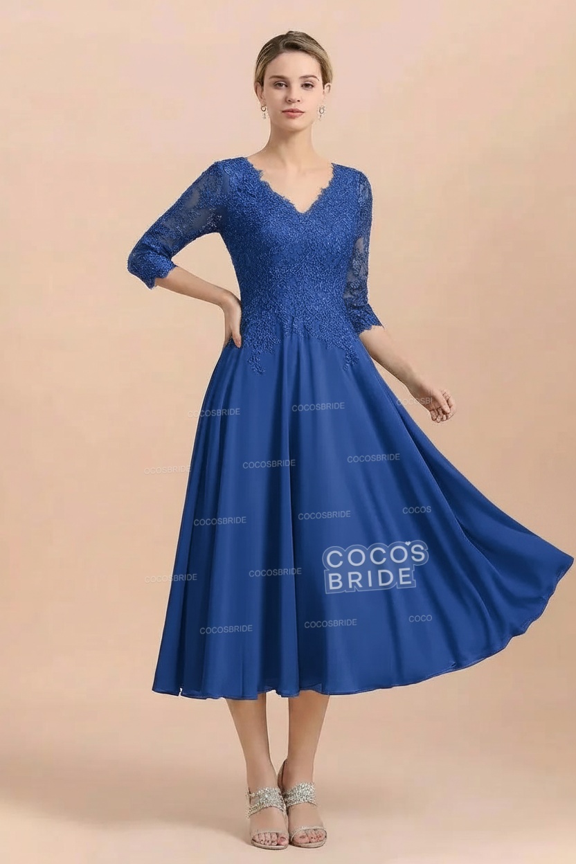 A-Line V-Neck 3/4 Sleeves Chiffon Short Mother Of The Bride Dresses With Lace