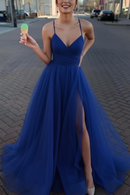 Long Spaghetti Straps V-neck A-Line Tulle Prom Dress With Side Slit
