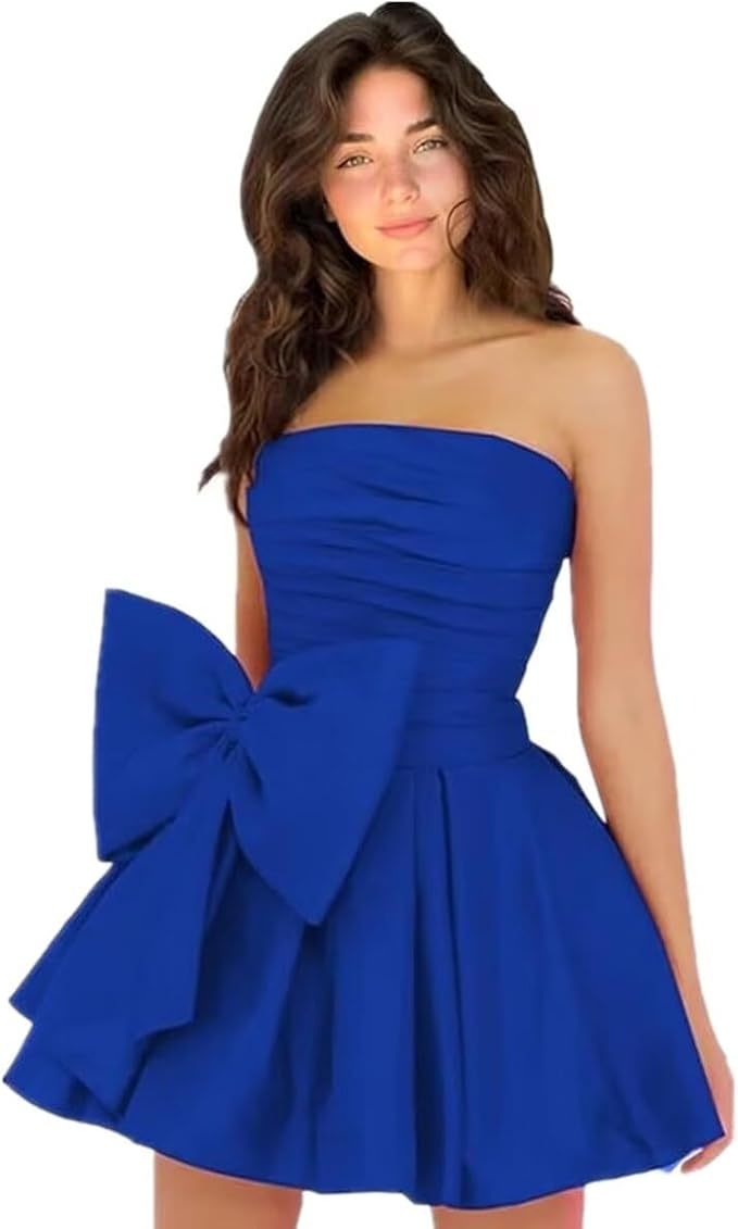 Chic Short A-line Sleeveless Strapless Ruched Lace Up Homecoming Dresses with Bow - CoCosBride