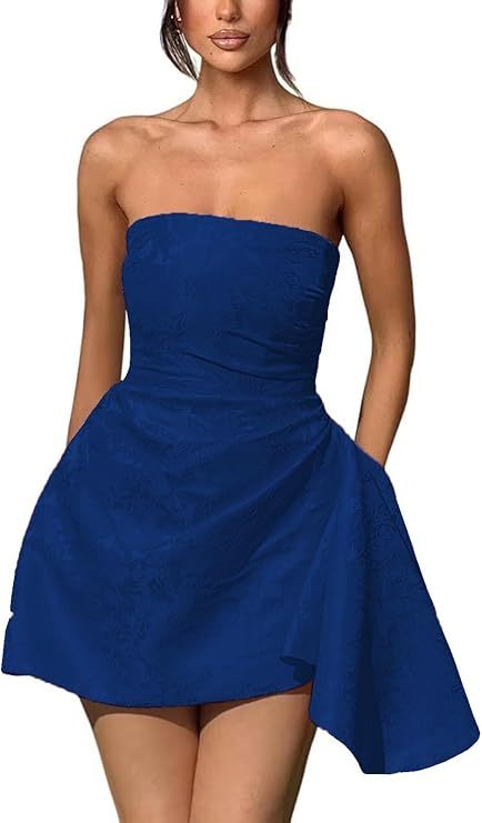 A-line Strapless Jacquard Satin Asymmetrical Lace up Sleeveless Short Homecoming Dress - CoCosBride