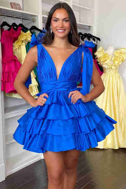 Plunging Neck Blue Bow Sleeves Tiered Short Homecoming Dress