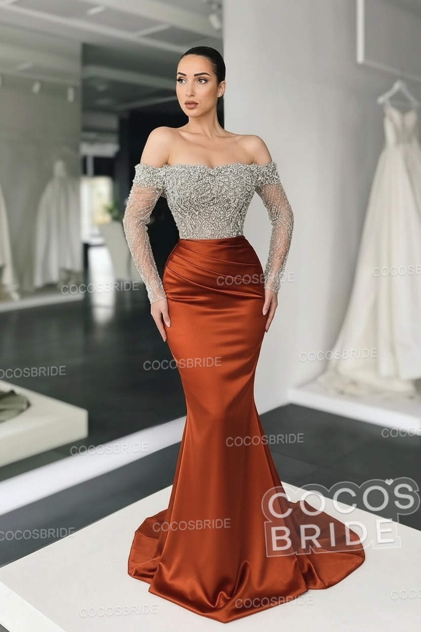 Long Mermaid Off the Shoulder Satin Prom Dress with Sleeves