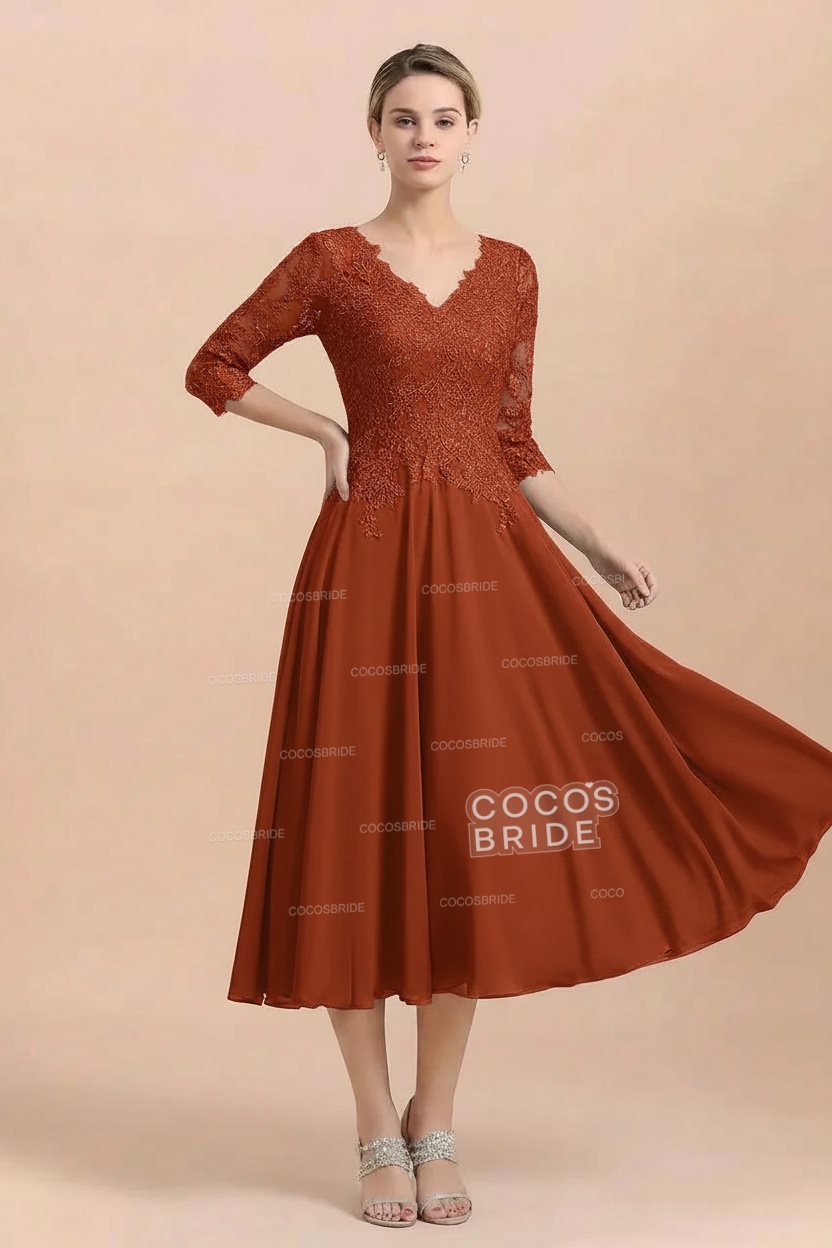 A-Line V-Neck 3/4 Sleeves Chiffon Short Mother Of The Bride Dresses With Lace