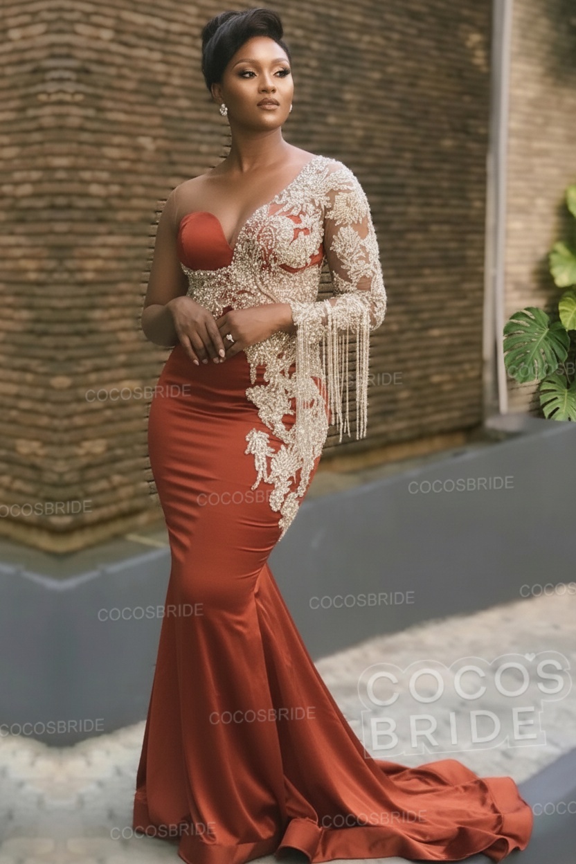 Long Mermaid Appliques One Shoulder Floor Length Formal Evening Dress