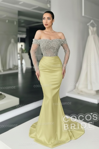 Long Mermaid Off the Shoulder Satin Prom Dress with Sleeves