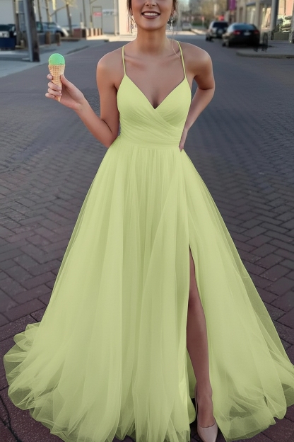 Long Spaghetti Straps V-neck A-Line Tulle Prom Dress With Side Slit