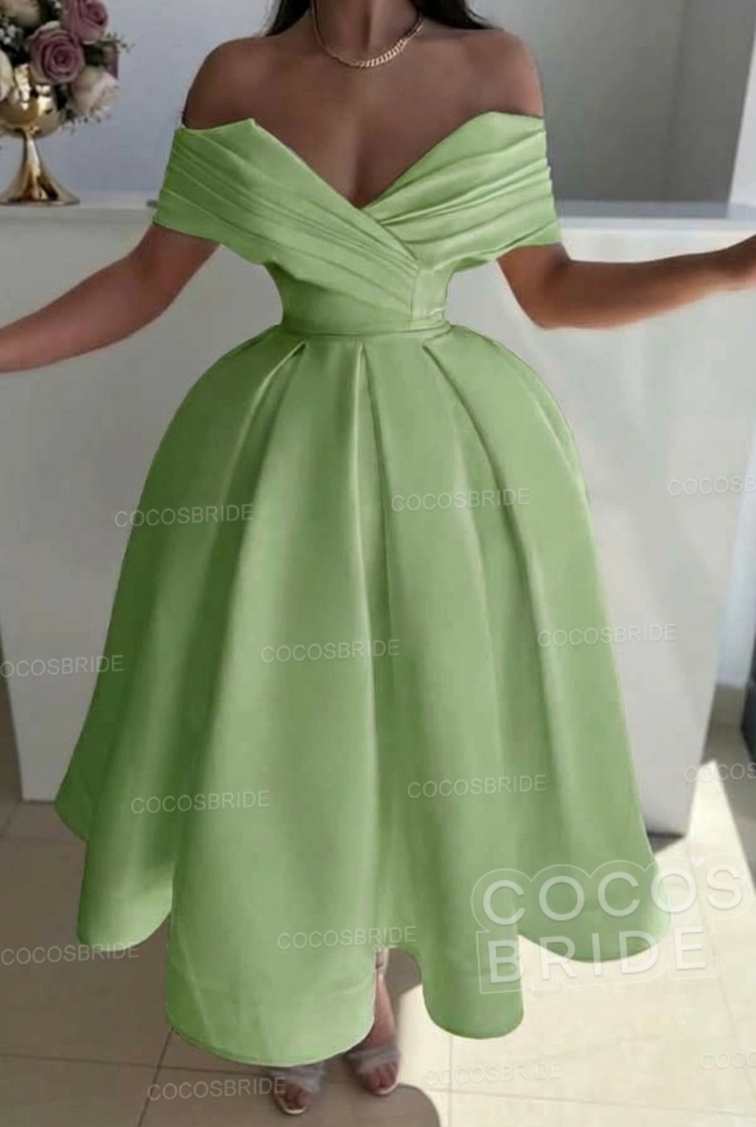 Off the Shoulder A-Line Satin Prom Dress with Pleated