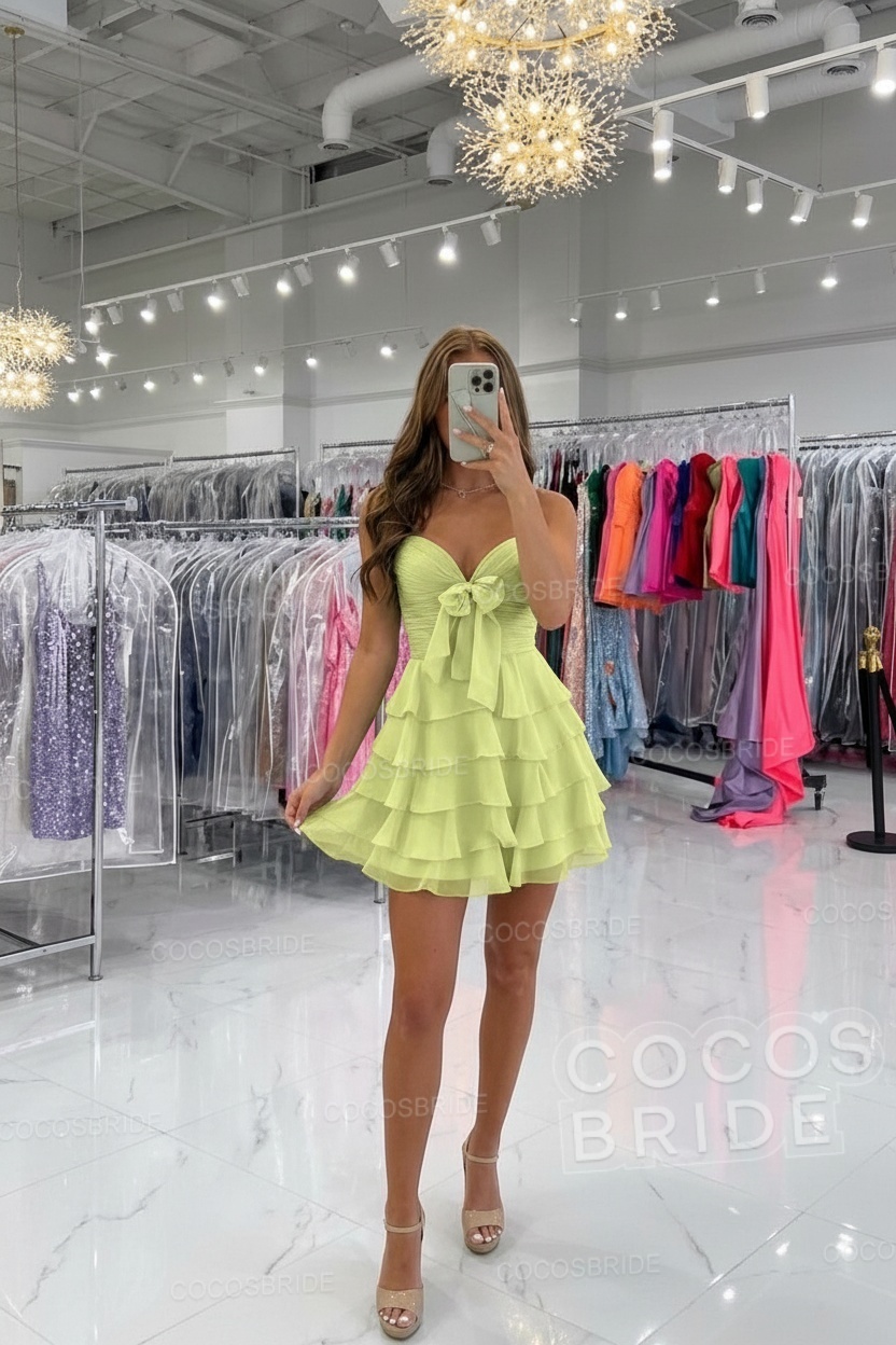Short Spaghetti Straps A Line Chiffon Ruffles Homecoming Dresses With Bow