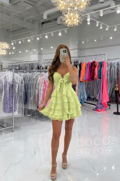 Short Spaghetti Straps A Line Chiffon Ruffles Homecoming Dresses With Bow