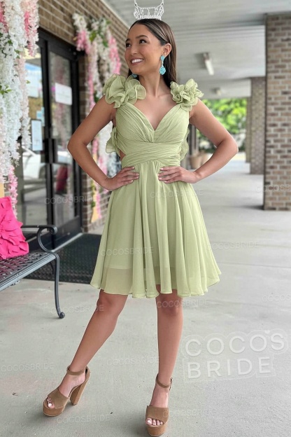 V-Neck Sky Blue Short Chiffon A-Line Party Dress