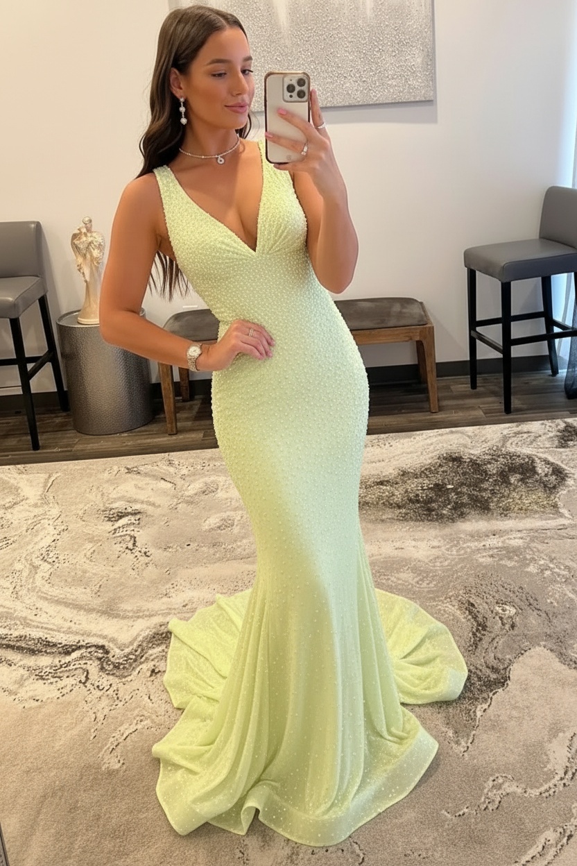 Orange Long Mermaid V neck Sequin Backless Prom Dress