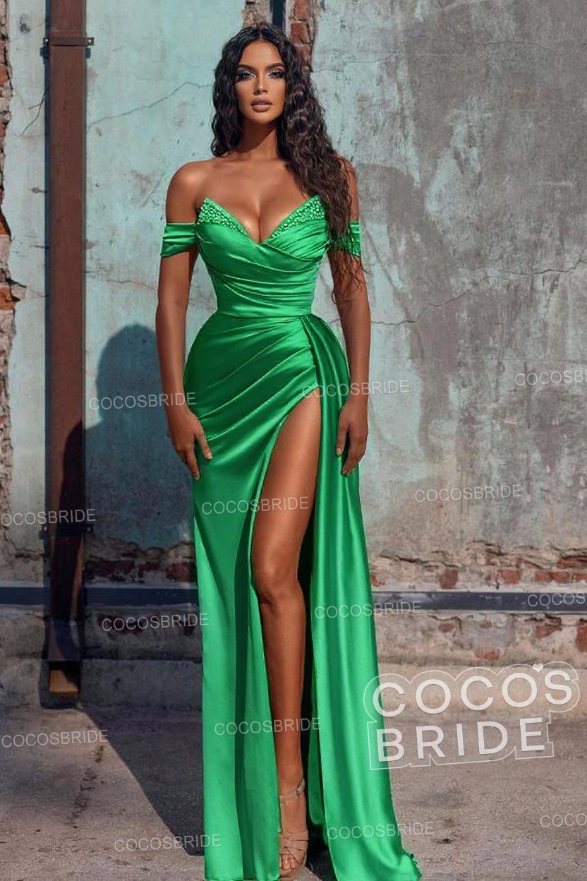 Sexy Long Off the Shoulder Deep V-neck Sequins Ruffles Prom Dress With Slit