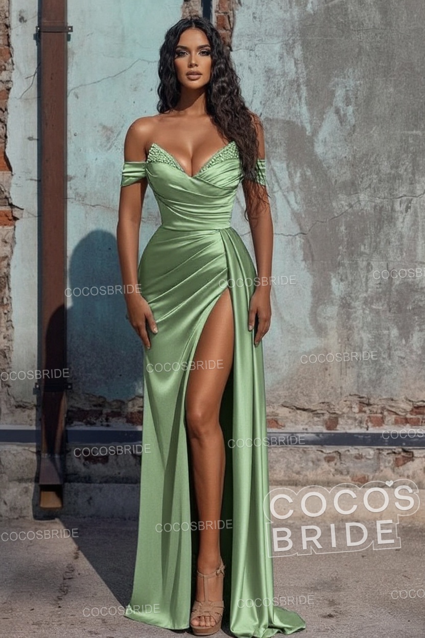 Sexy Long Off the Shoulder Deep V-neck Sequins Ruffles Prom Dress With Slit