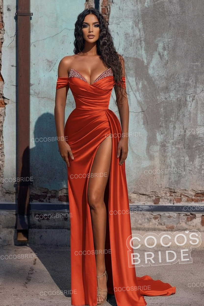 Sexy Long Off the Shoulder Deep V-neck Sequins Ruffles Prom Dress With Slit