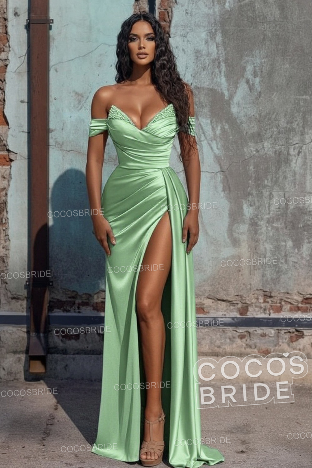 Sexy Long Off the Shoulder Deep V-neck Sequins Ruffles Prom Dress With Slit