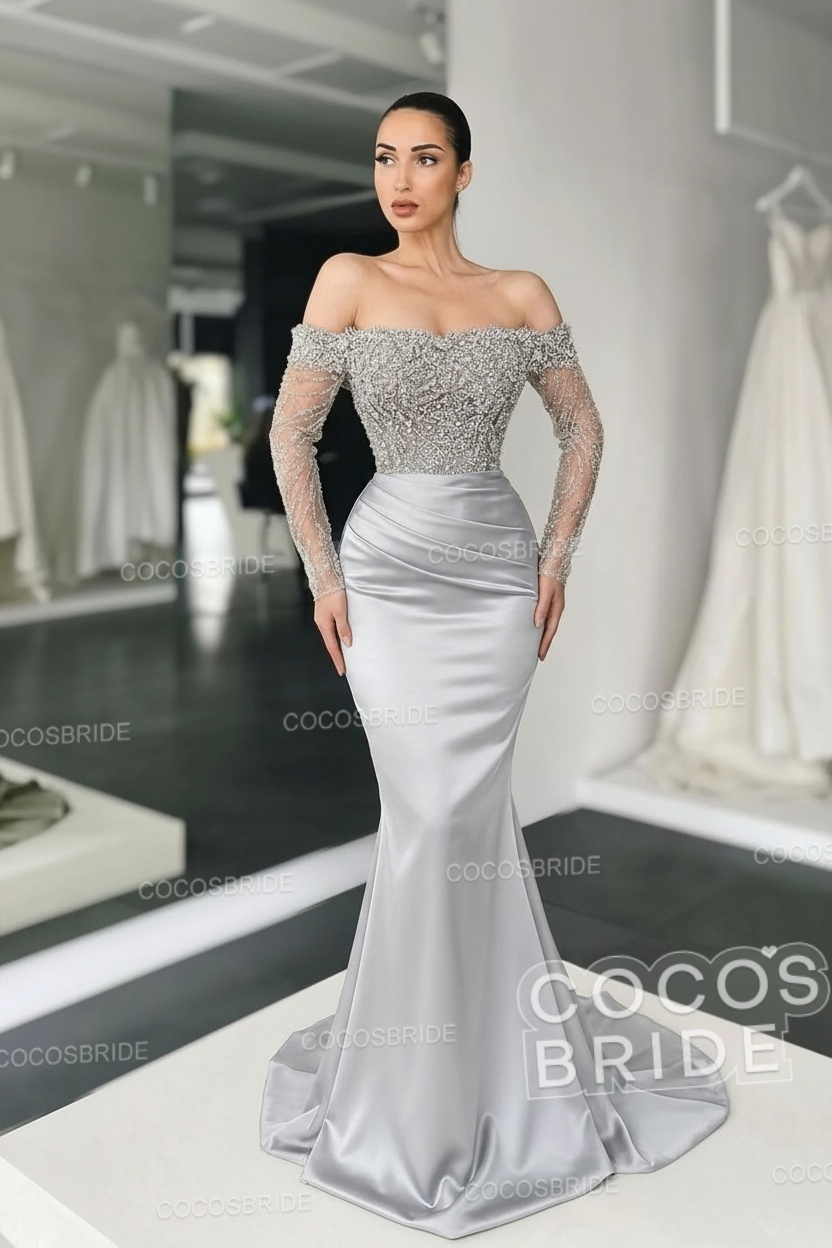 Long Mermaid Off the Shoulder Satin Prom Dress with Sleeves