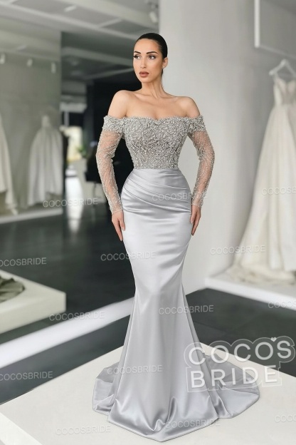 Long Mermaid Off the Shoulder Satin Prom Dress with Sleeves