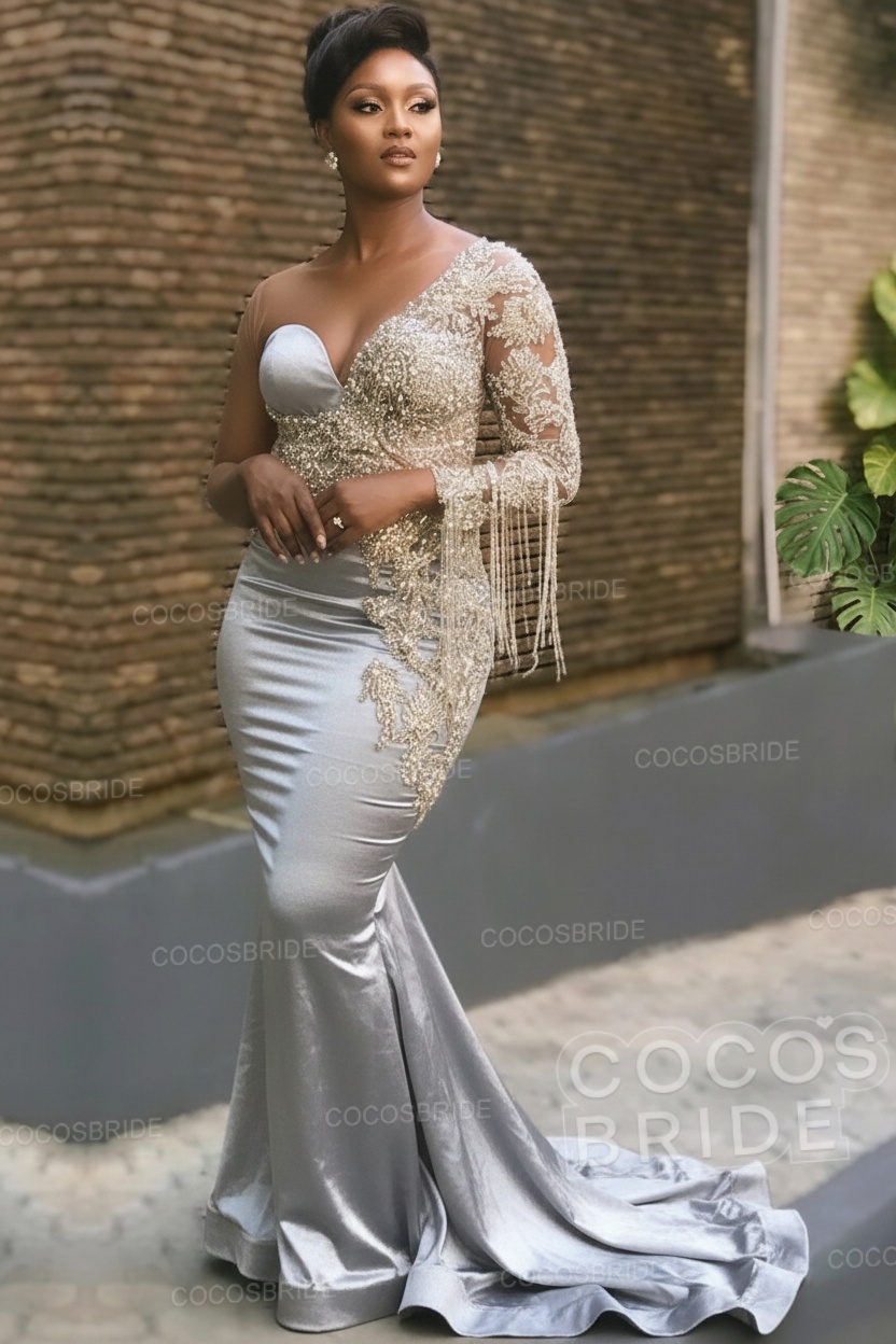 Long Mermaid Appliques One Shoulder Floor Length Formal Evening Dress
