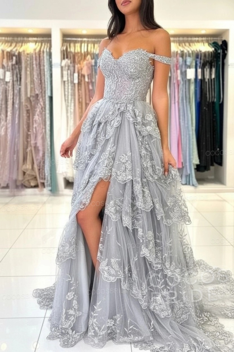 Off The Shoulder Sweetheart Lace A-Line Long Prom Dress with Slit