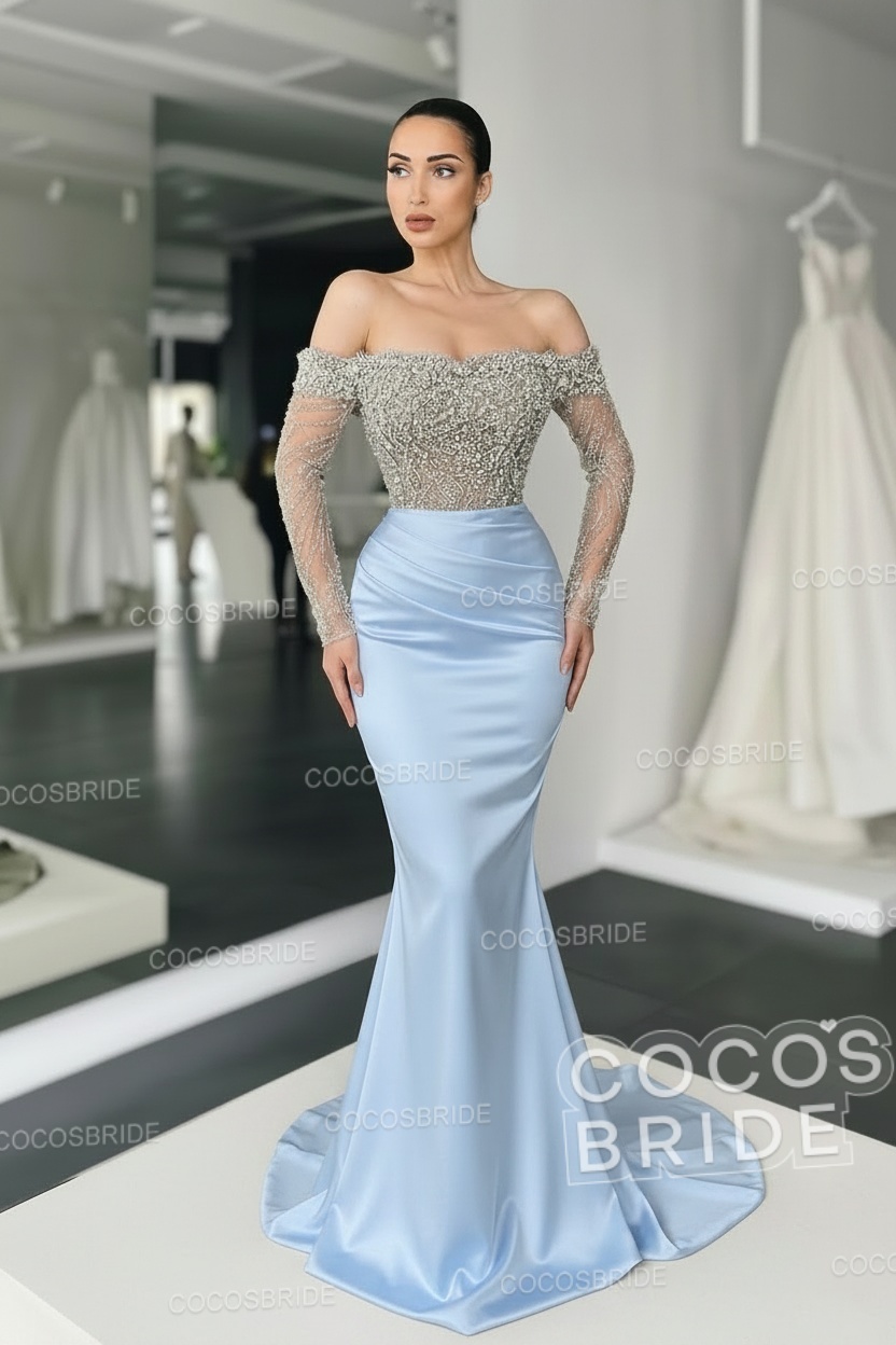 Long Mermaid Off the Shoulder Satin Prom Dress with Sleeves