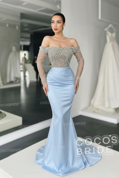 Long Mermaid Off the Shoulder Satin Prom Dress with Sleeves