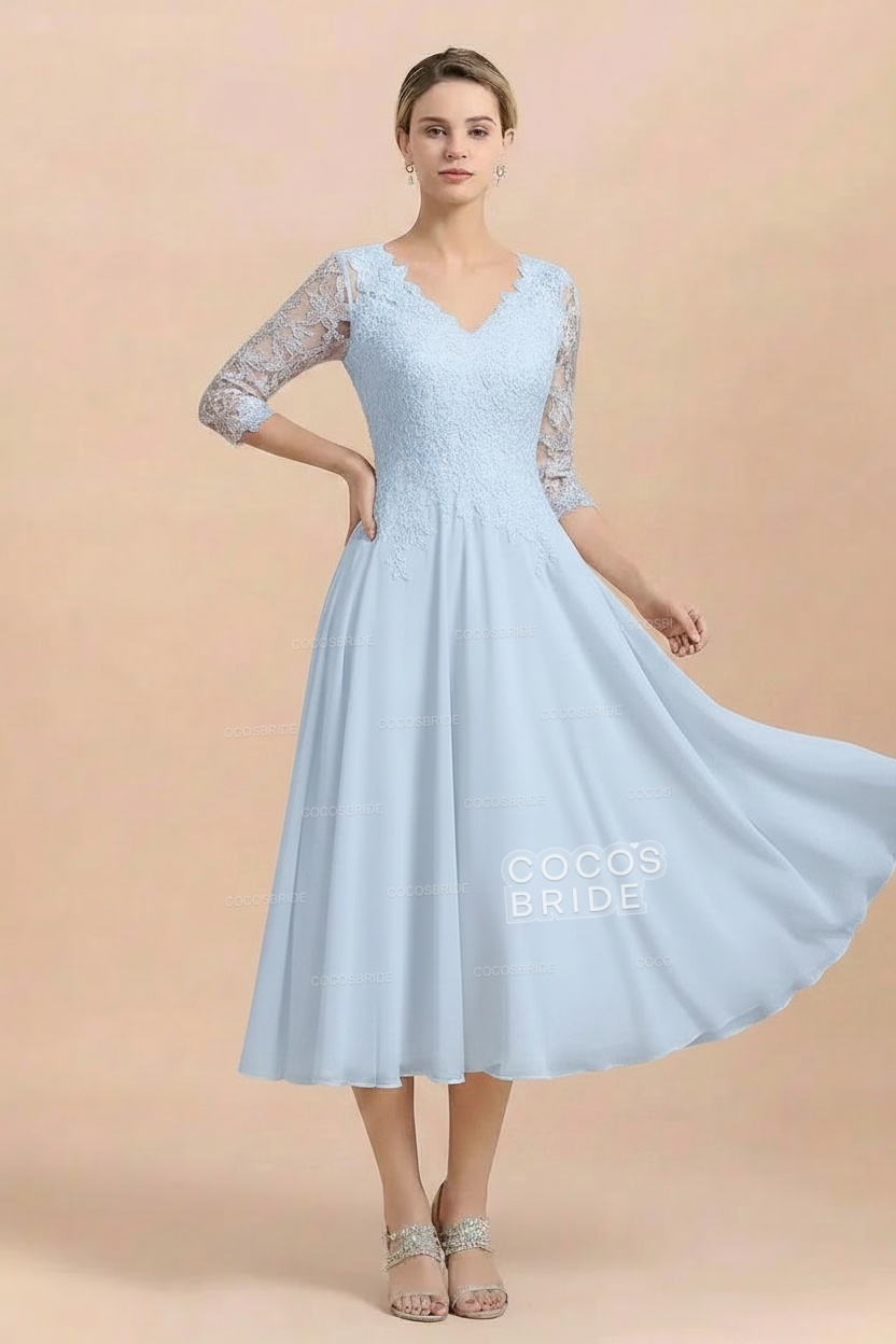 A-Line V-Neck 3/4 Sleeves Chiffon Short Mother Of The Bride Dresses With Lace