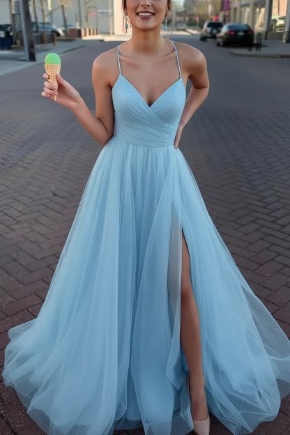 Long Spaghetti Straps V-neck A-Line Tulle Prom Dress With Side Slit