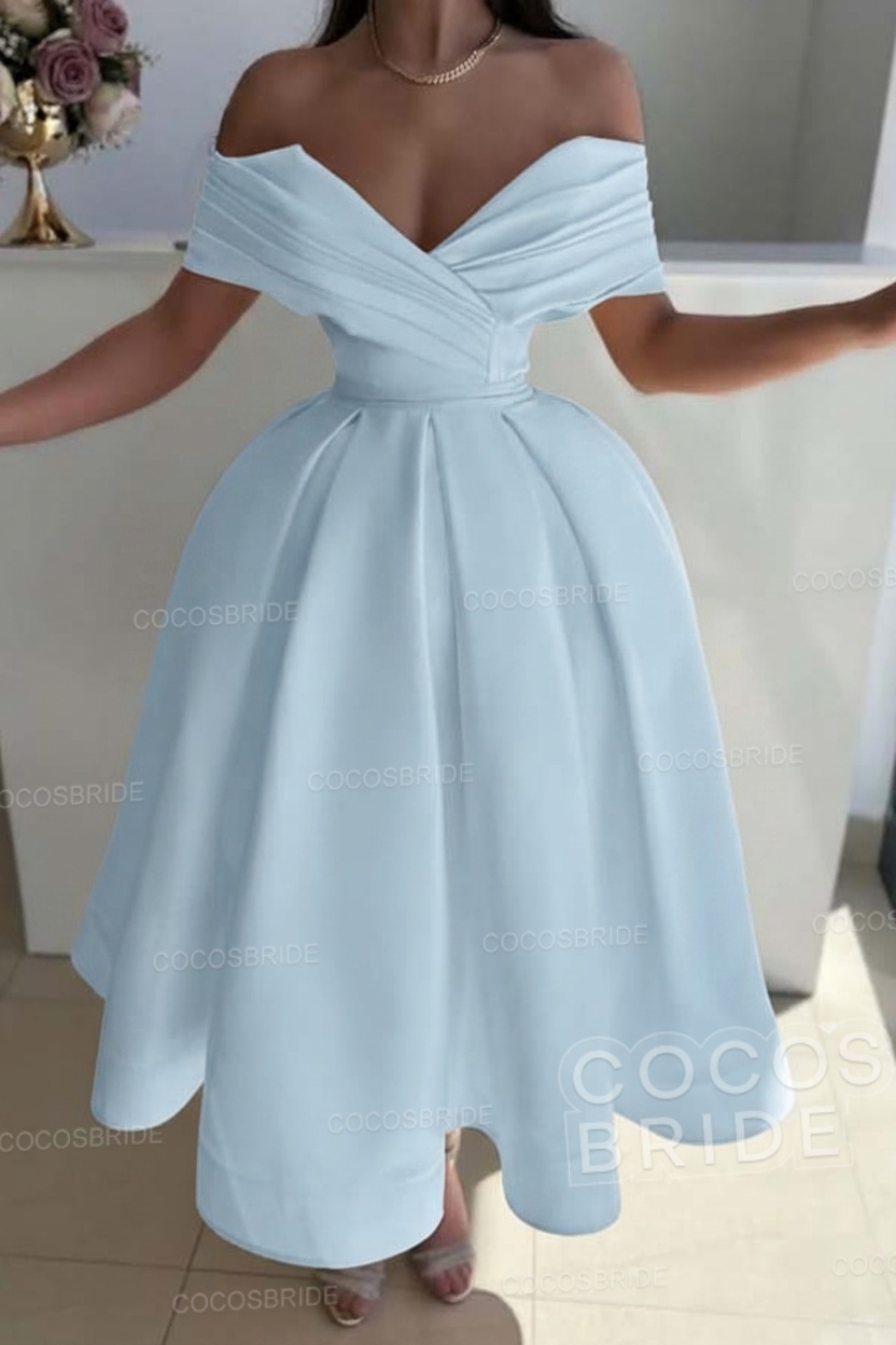 Off the Shoulder A-Line Satin Prom Dress with Pleated