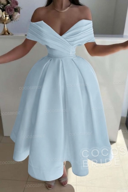 Off the Shoulder A-Line Satin Prom Dress with Pleated