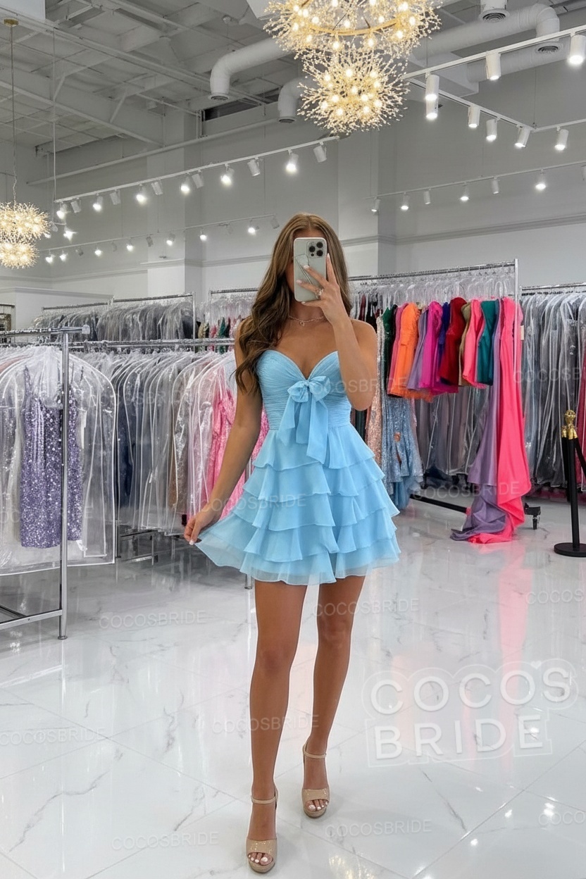 Short Spaghetti Straps A Line Chiffon Ruffles Homecoming Dresses With Bow