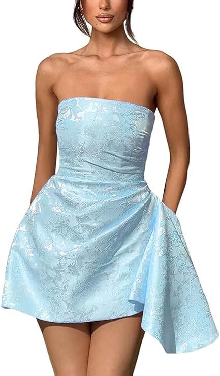 A-line Strapless Jacquard Satin Asymmetrical Lace up Sleeveless Short Homecoming Dress - CoCosBride