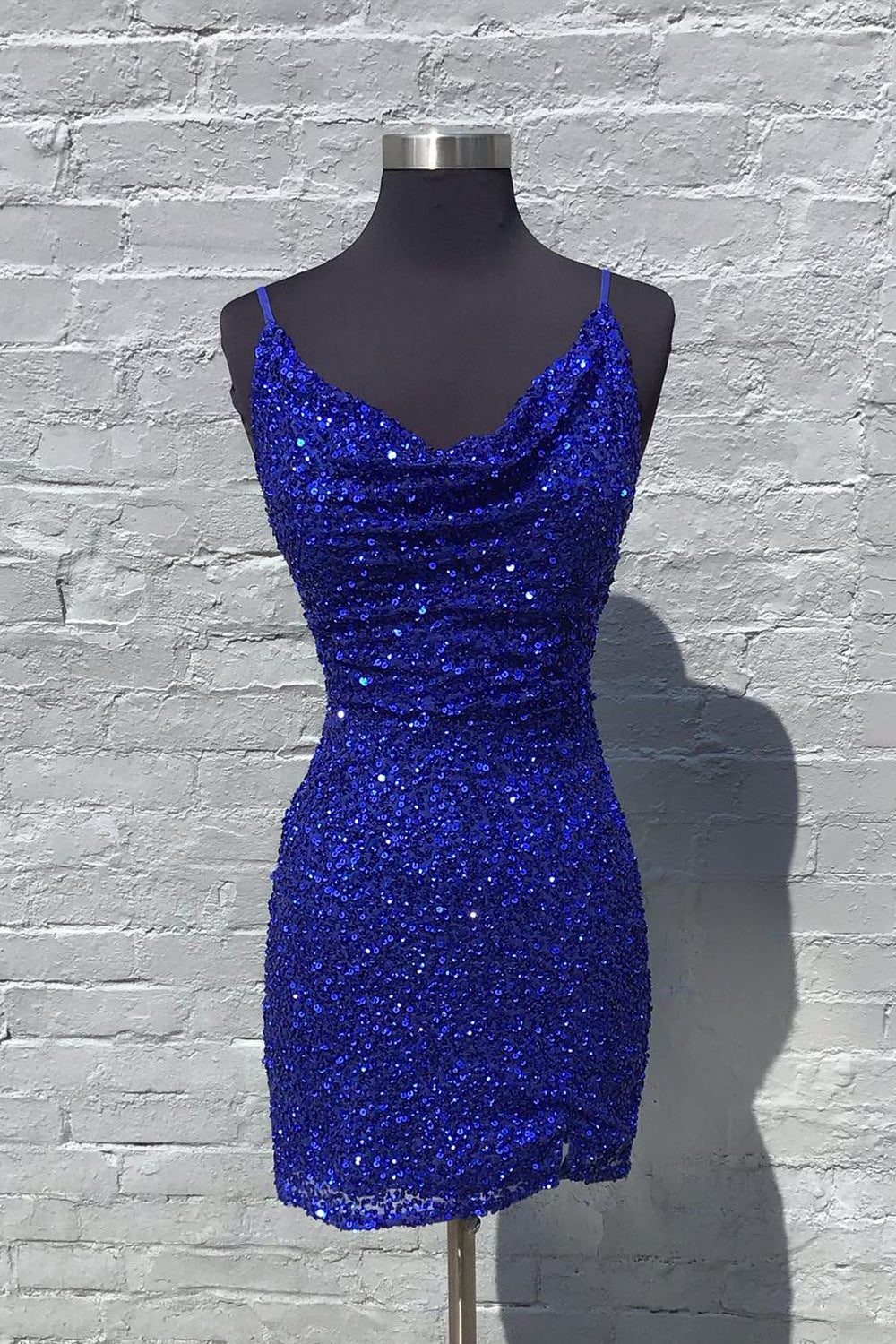 Royal Blue Sequin Mermaid Cowl Neck Short Homecoming Dress