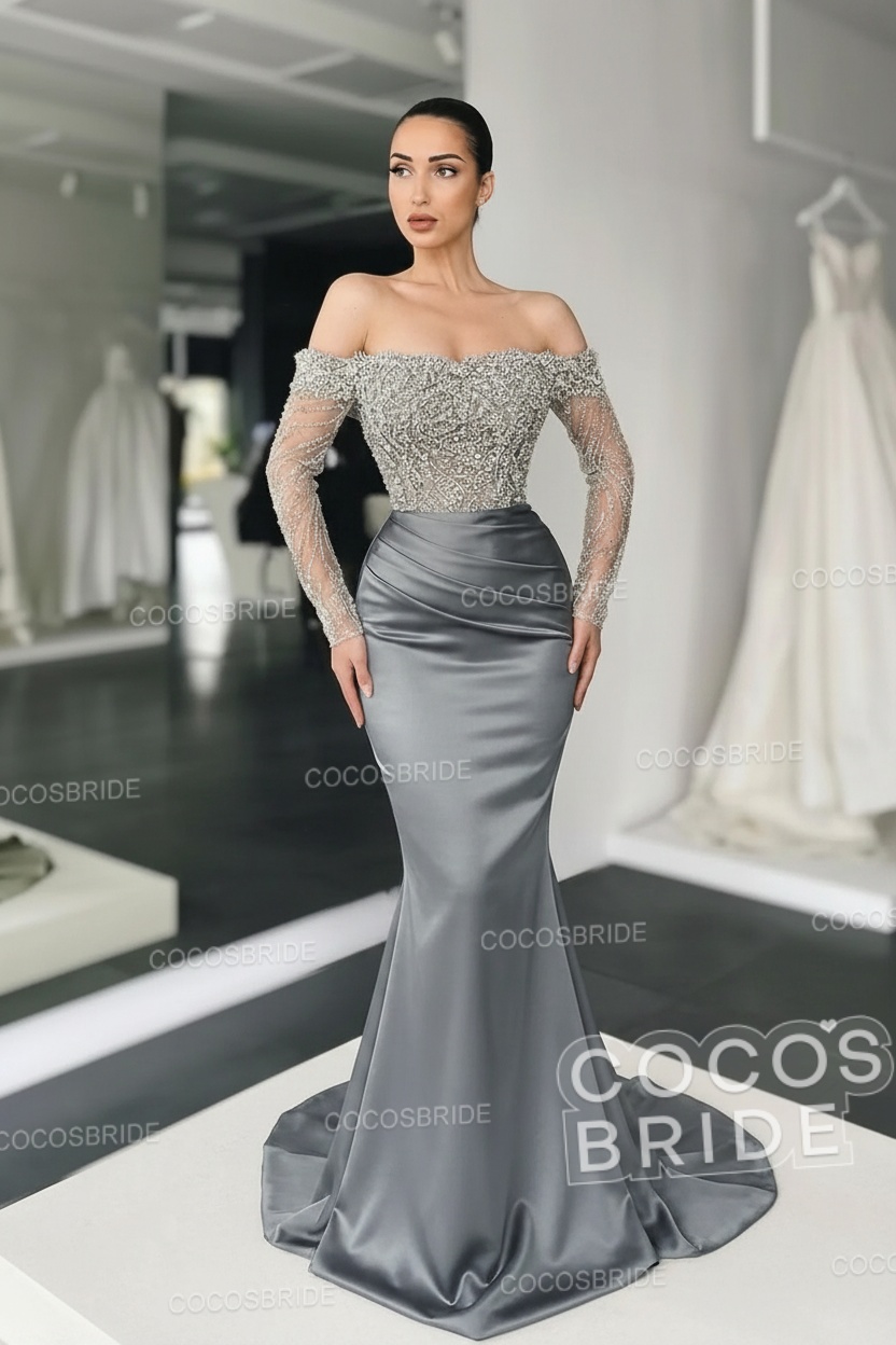 Long Mermaid Off the Shoulder Satin Prom Dress with Sleeves