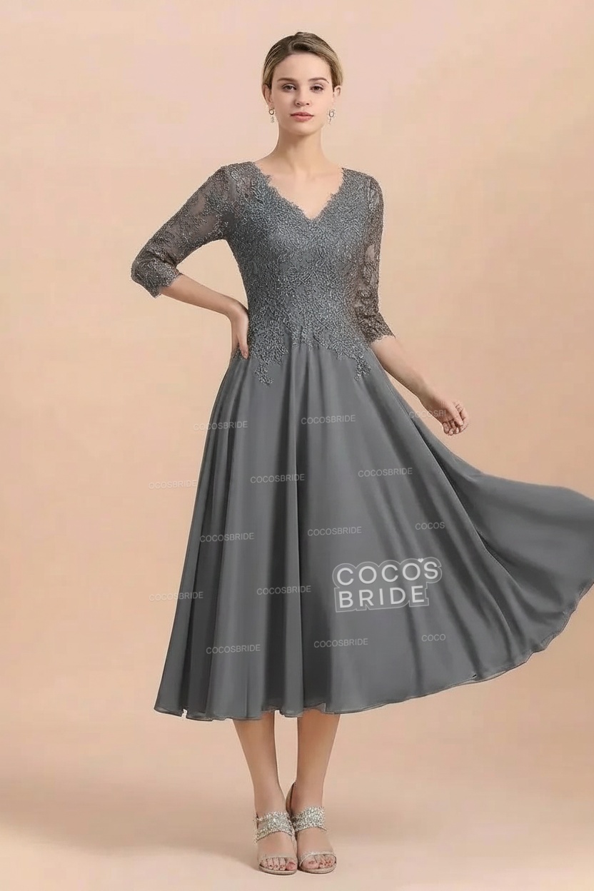 A-Line V-Neck 3/4 Sleeves Chiffon Short Mother Of The Bride Dresses With Lace