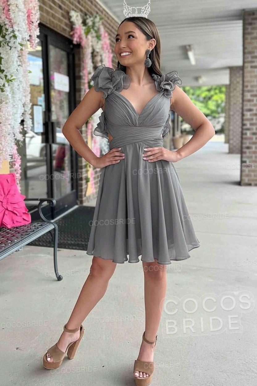 V-Neck Sky Blue Short Chiffon A-Line Party Dress