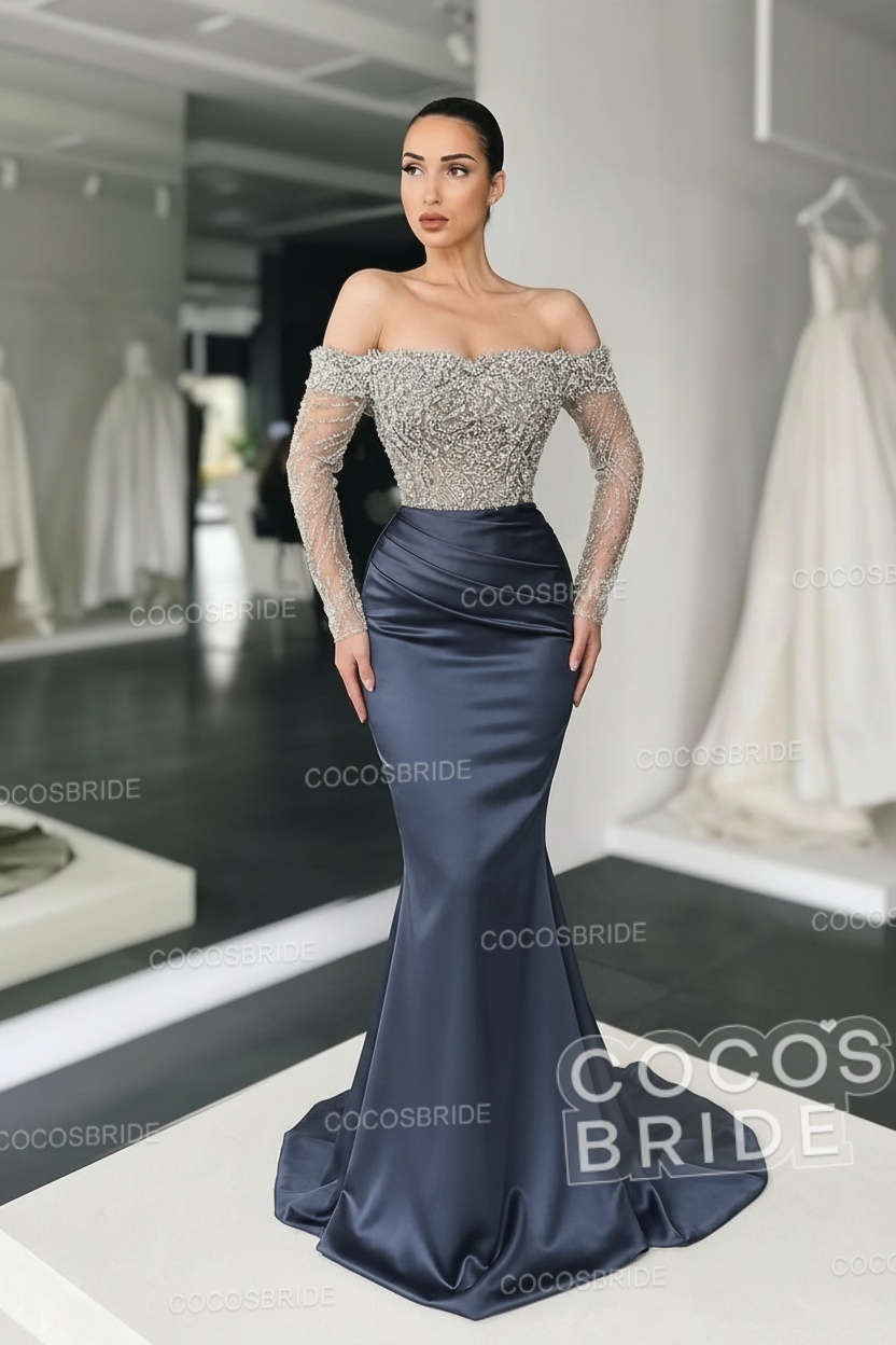 Long Mermaid Off the Shoulder Satin Prom Dress with Sleeves