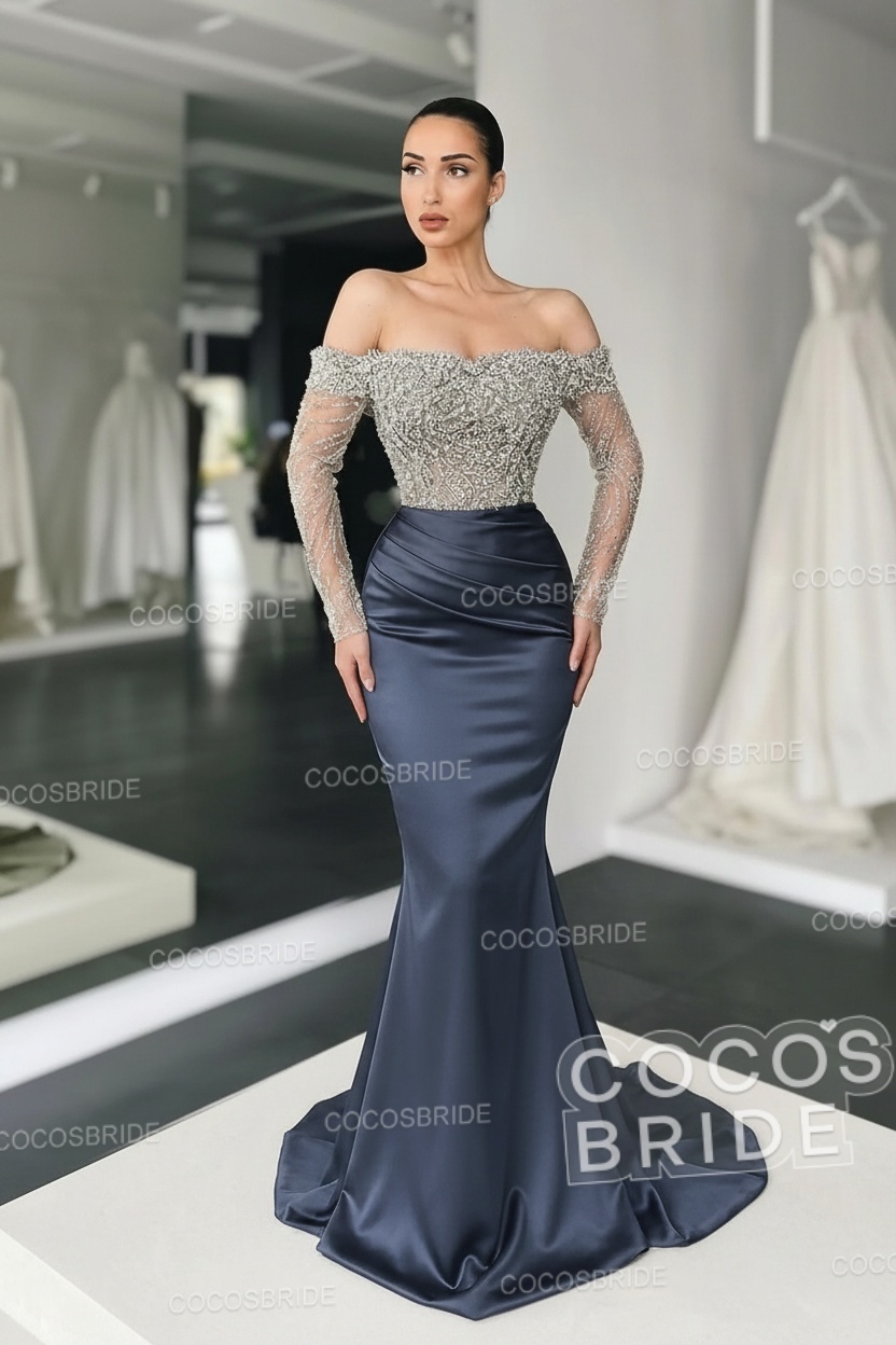 Long Mermaid Off the Shoulder Satin Prom Dress with Sleeves