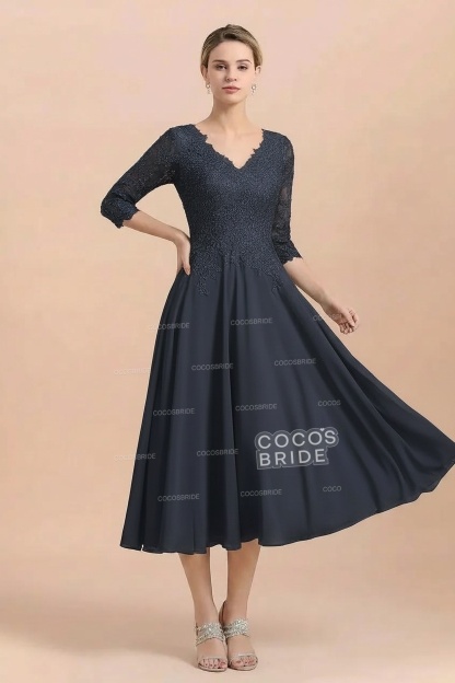 A-Line V-Neck 3/4 Sleeves Chiffon Short Mother Of The Bride Dresses With Lace