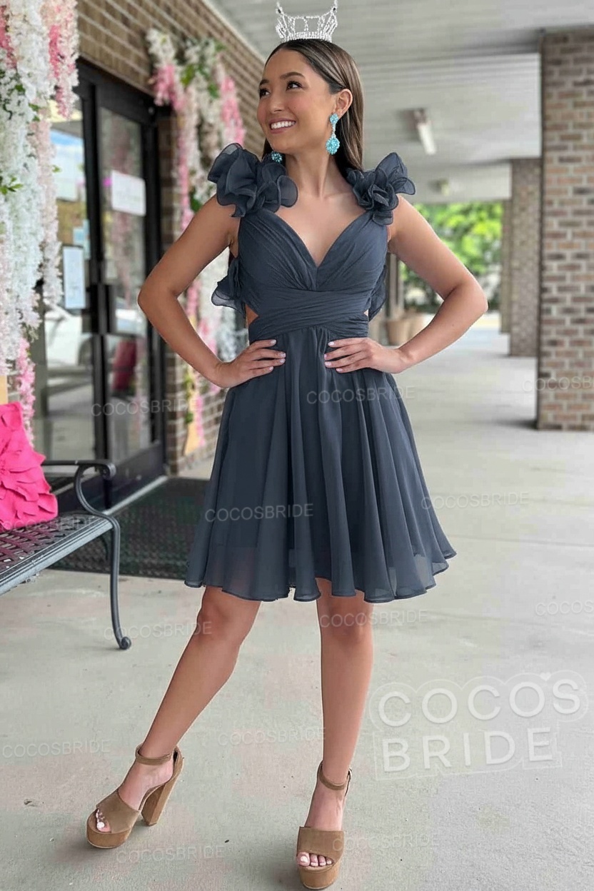 V-Neck Sky Blue Short Chiffon A-Line Party Dress