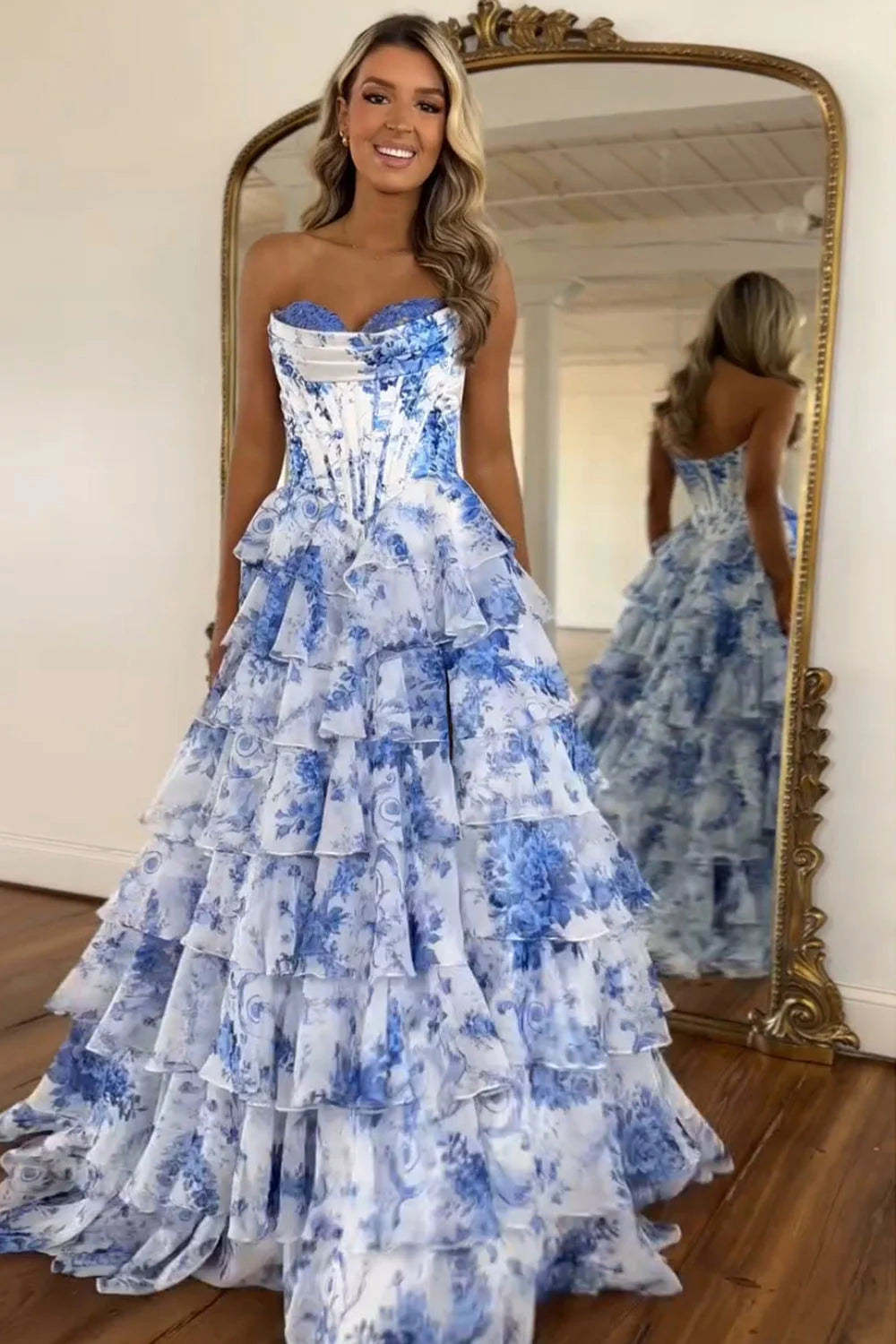 Cocosbride Strapless silk chiffon corset prom dress with blue floral details - front view