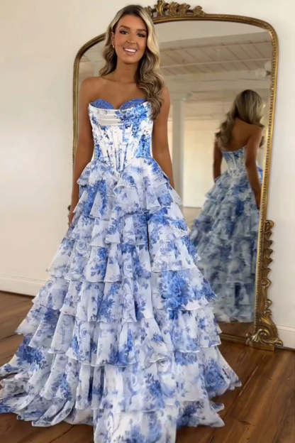Cocosbride Strapless silk chiffon corset prom dress with blue floral details - front view