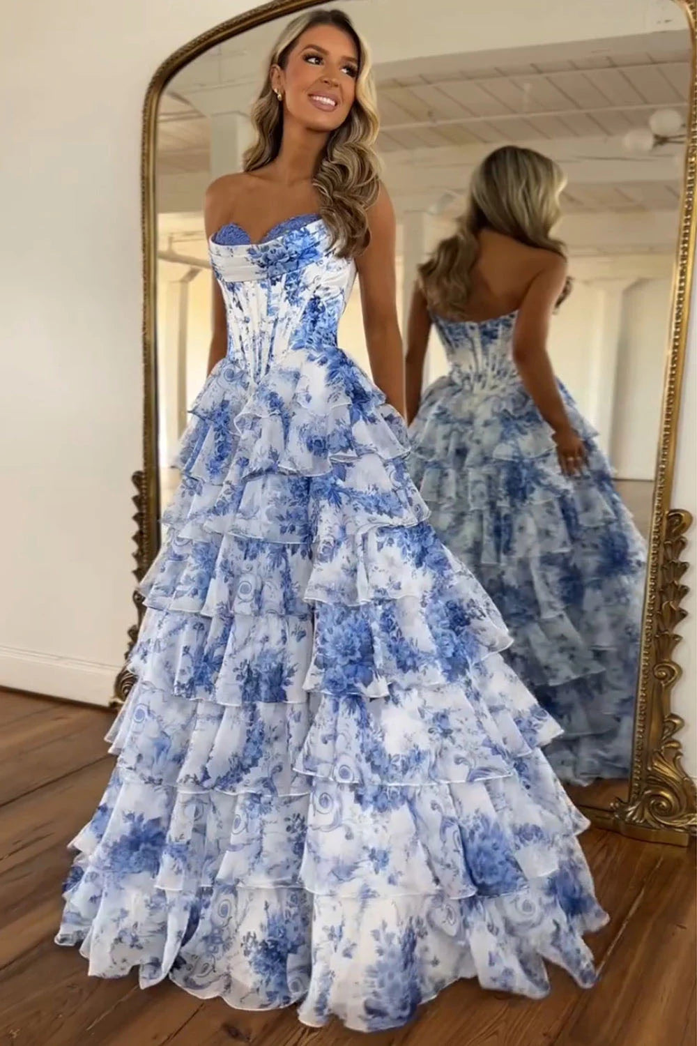 Cocosbride White and blue floral strapless prom dress - full length view