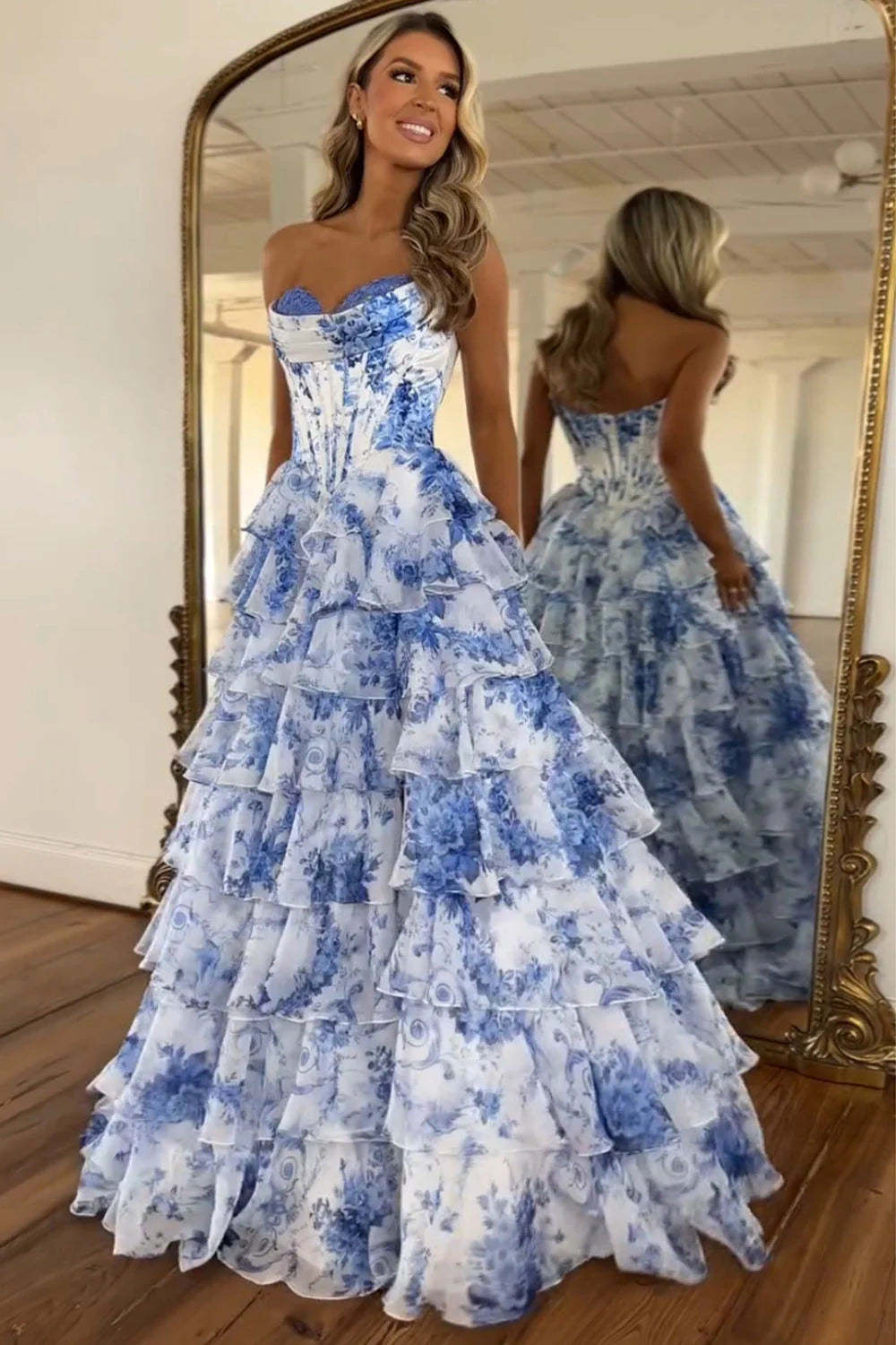 Cocosbride White and blue floral strapless prom dress - full length view